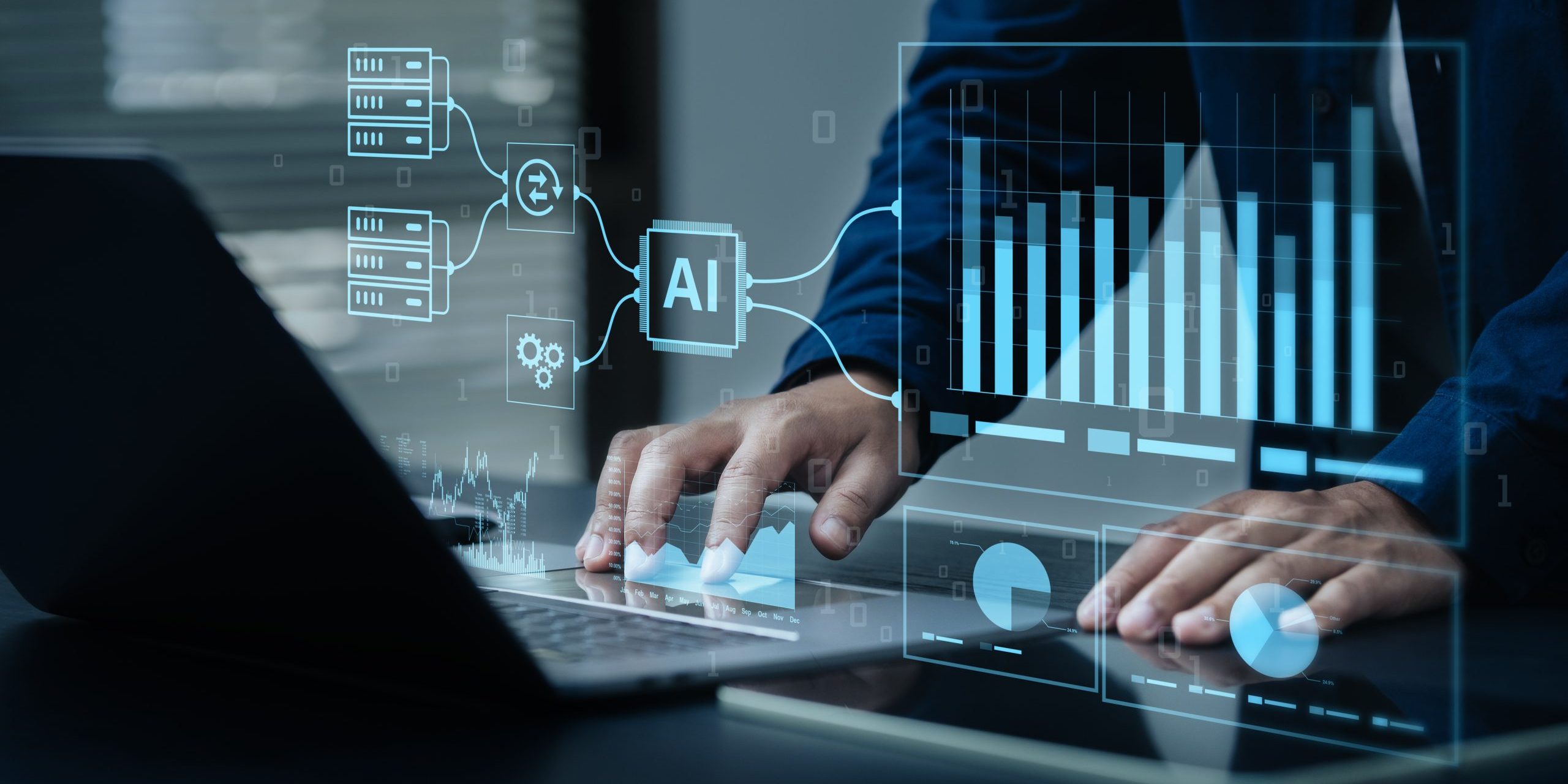 AI, data analysis. Business people use AI to analyze financial related data. big data Complex performance measurement With modern innovative technology