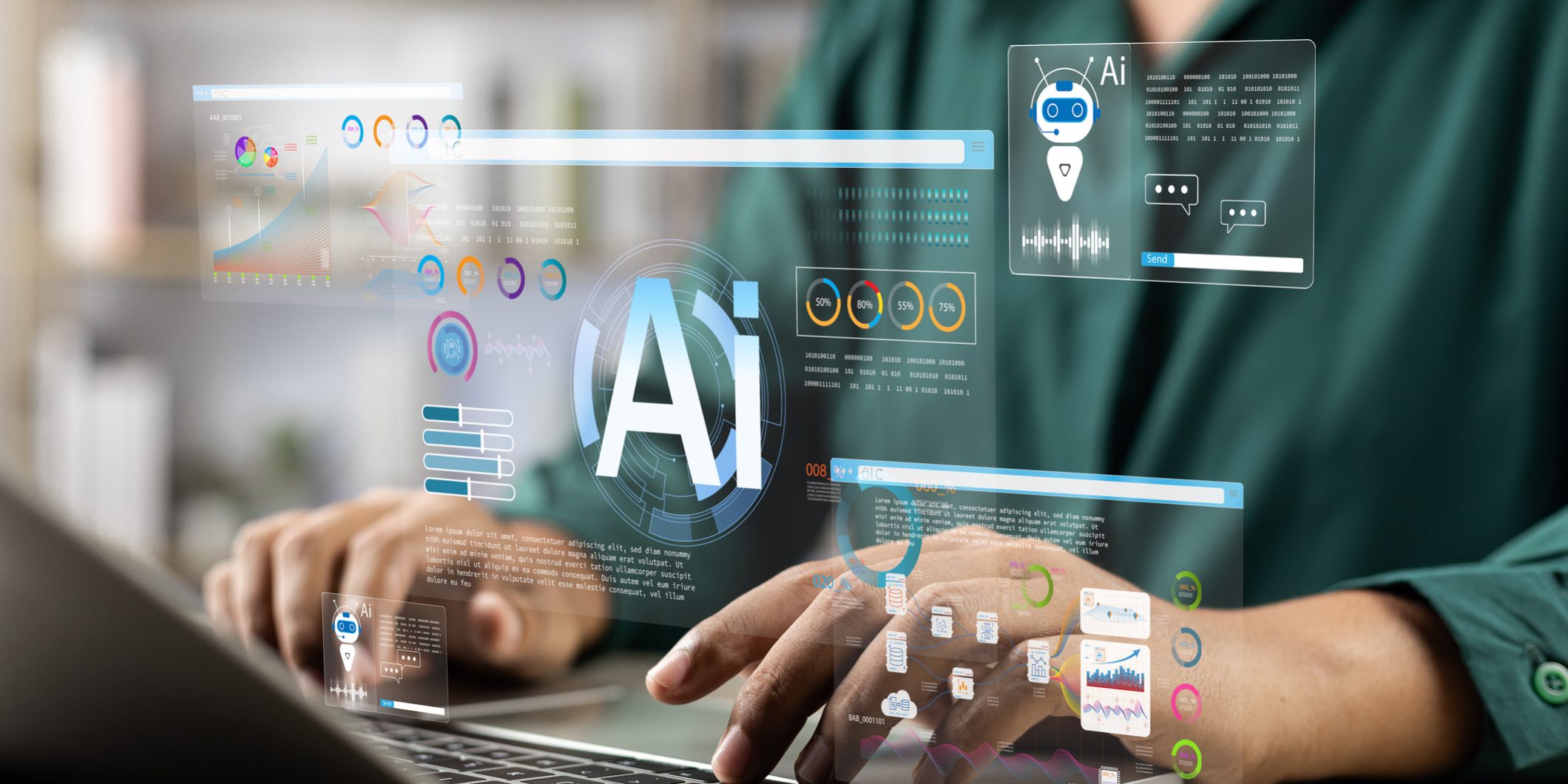 Businessman use artificial intelligence AI technology for enhanced work efficiency data analysis and efficient tools, Unlocking Work potential with AI solutions chatbot help solve work problems.