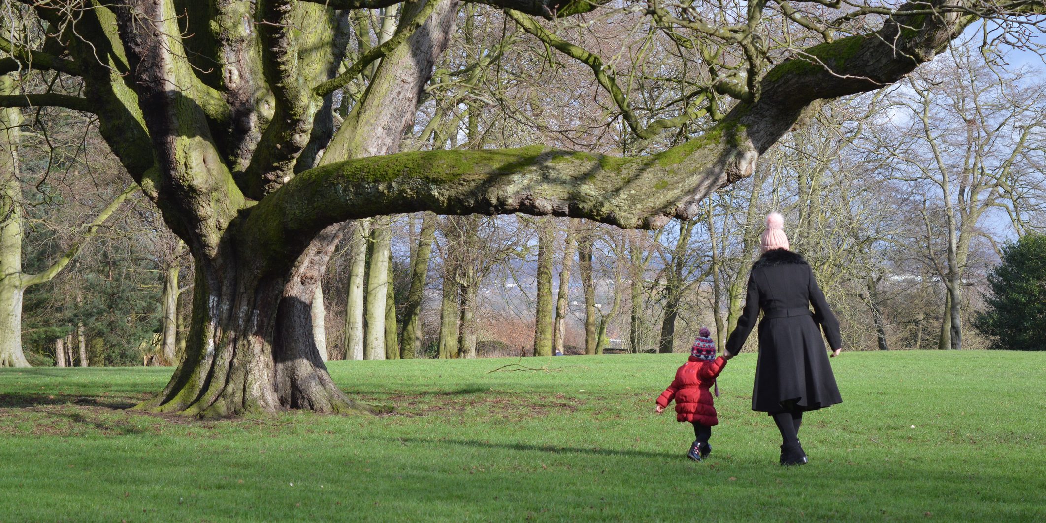 Rear View Of Woman Walking With Daughter On Grassy Field At Park